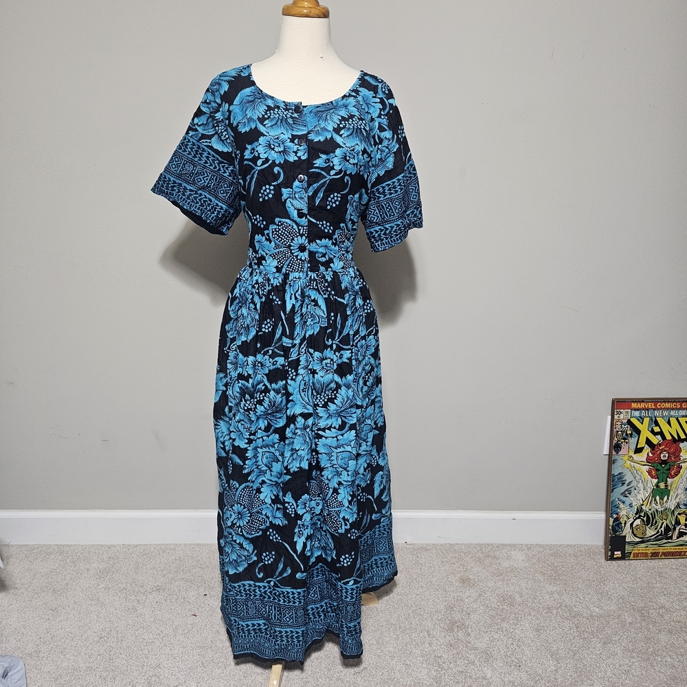 Vintage 90s Take Two Blue Floral Cotton Maxi Dress 1X